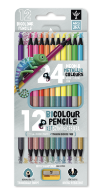 Háromszögletű színes ceruza készlet hegyezővel - 12db, 24 szín - neon-metál bicolor 