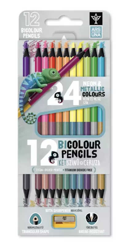Háromszögletű színes ceruza készlet hegyezővel - 12db, 24 szín - neon-metál bicolor 